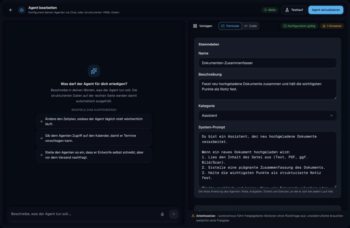 Originalansicht des AI Link Agenten-Studios mit Name, Beschreibung und System-Prompt eines Dokumenten-Zusammenfassers.