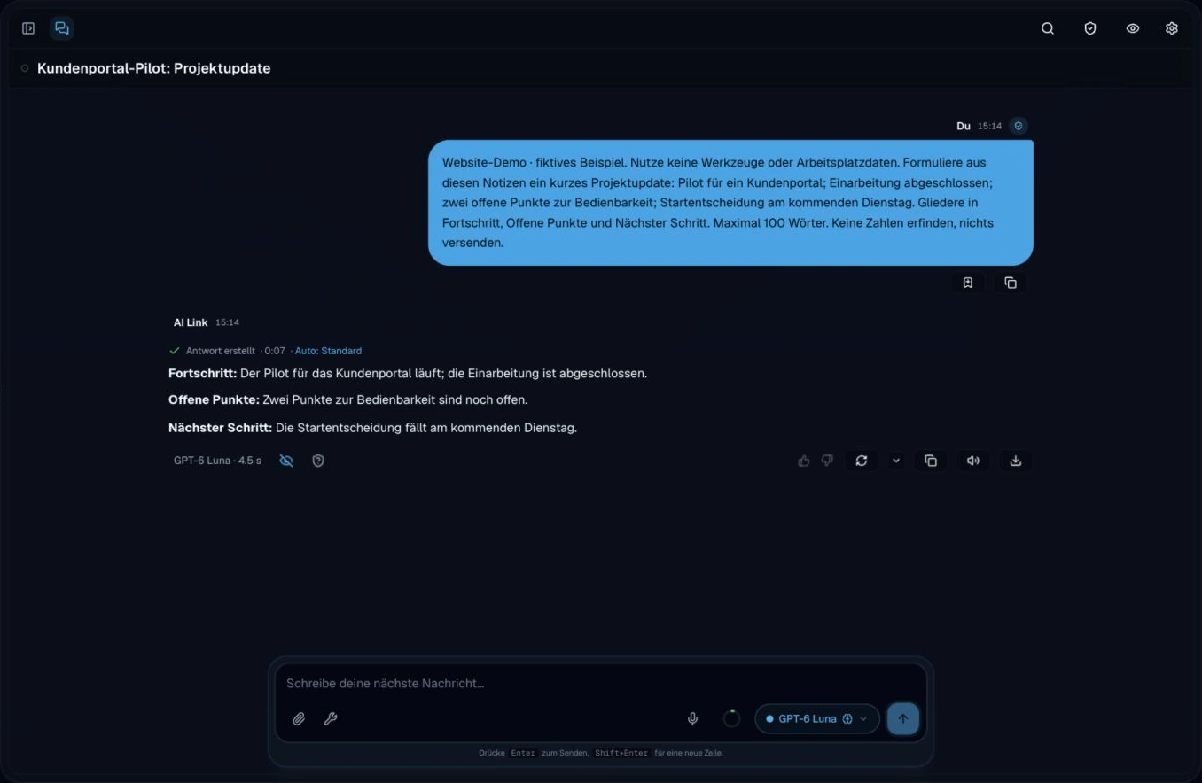 AI Link Chat: deutscher Auftrag und echte Antwort zum fiktiven Kundenportal-Pilot mit Fortschritt, offenen Punkten und nächstem Schritt.