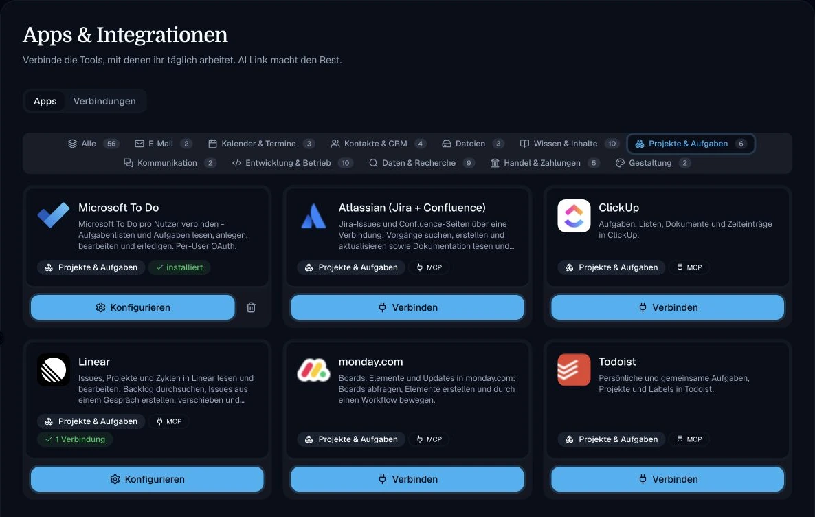 AI Link: Kategorie Projekte und Aufgaben mit MCP-Anbietern, Hersteller-Logos und der vorhandenen Linear-Verbindung.