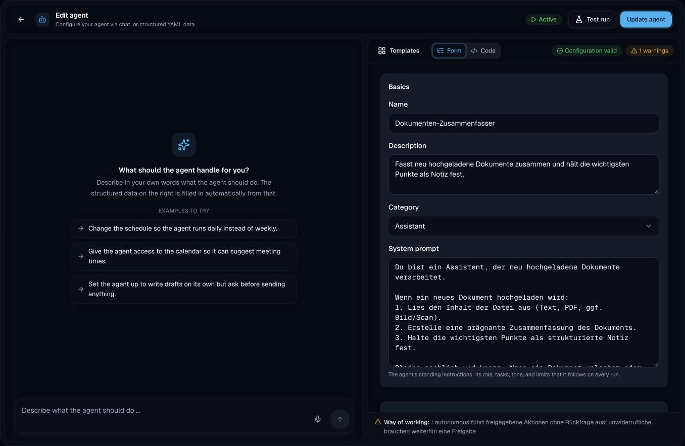 Actual AI Link Agent Studio with English controls and the name, description and German system prompt of a document summariser.