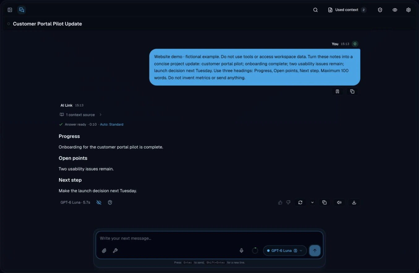 AI Link Chat: English prompt and actual response about a fictional customer portal pilot, with progress, open points and next step.