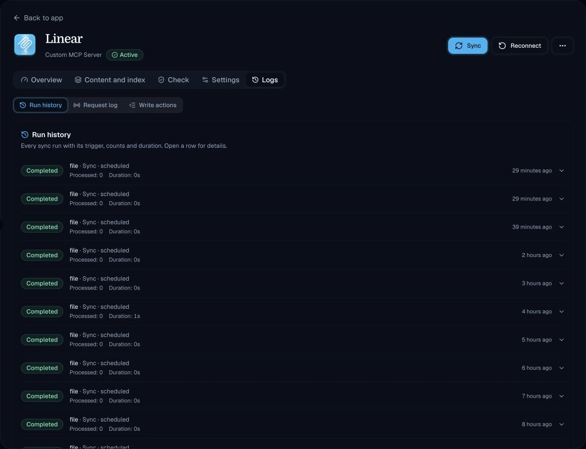 AI Link logs: completed scheduled sync runs for a Linear connection, with status, count, duration and time.
