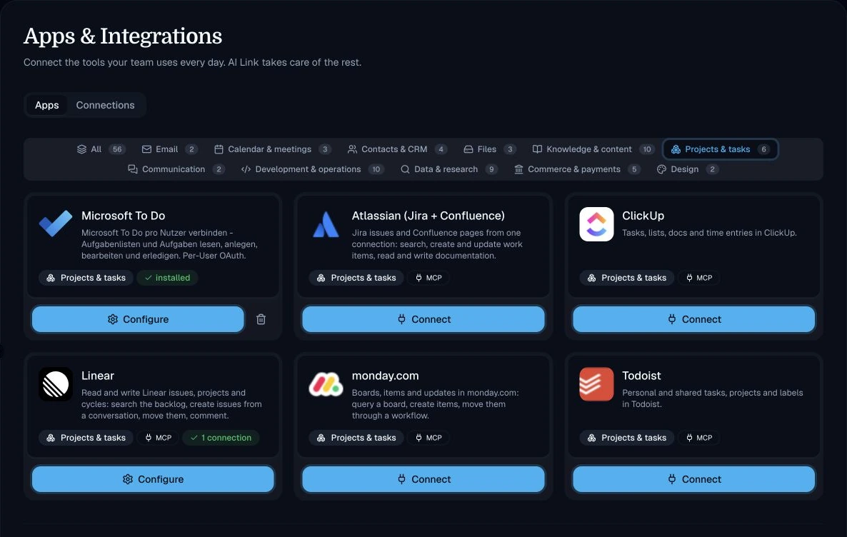 AI Link Projects and tasks category showing MCP providers, vendor logos and an existing Linear connection.
